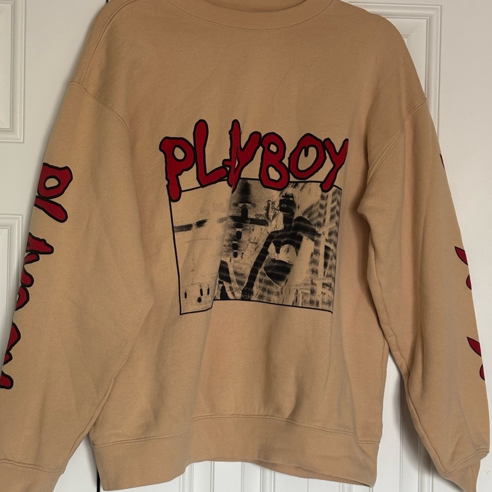 PLAYBOY Tan Sweatshirt with Red and Black Graphics